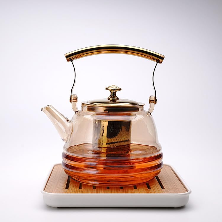 Large Teapot, Gold Glass Teapot with Infuser, for Loose Tea, 1200ml/40.5oz Microwavable Teapot
