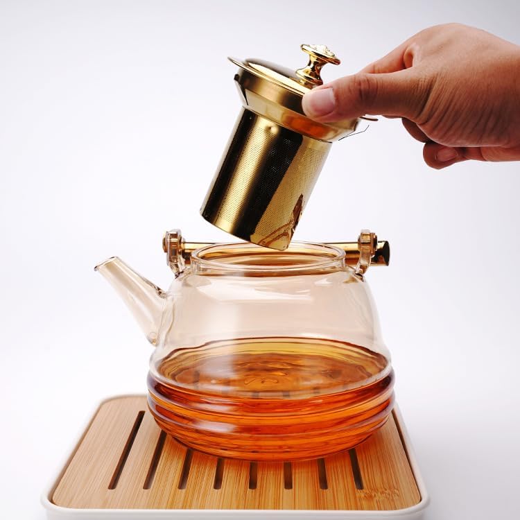 Large Teapot, Gold Glass Teapot with Infuser, for Loose Tea, 1200ml/40.5oz Microwavable Teapot