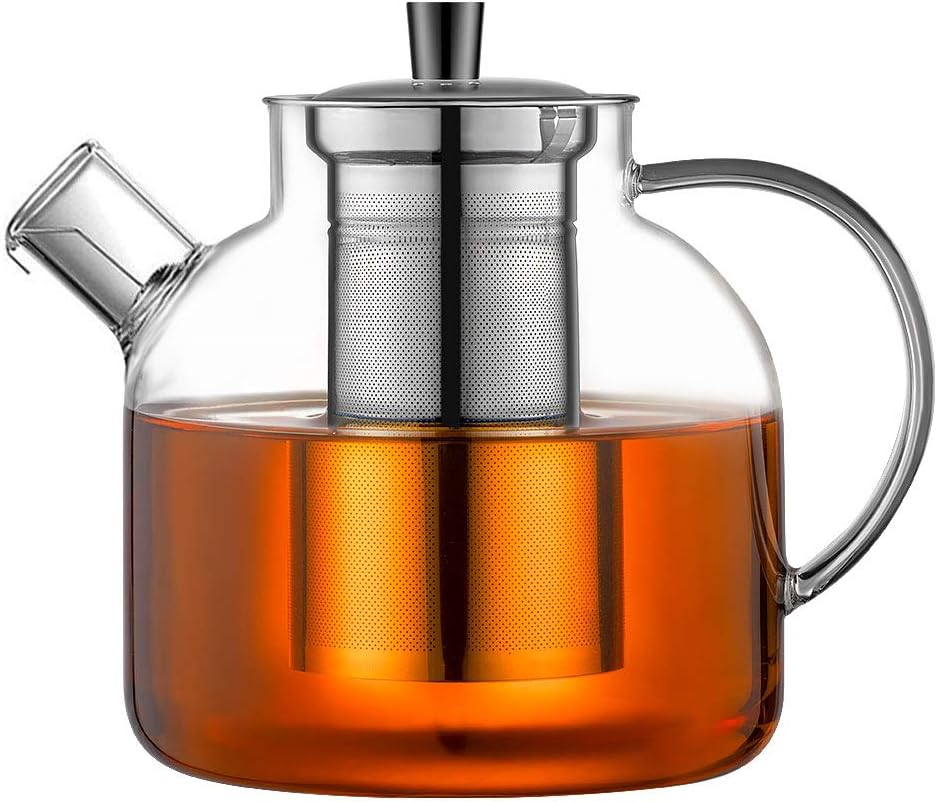 1500 ml (50 oz) Glass Teapot with Removable Infuser, Stovetop Safe Large Teapot, Handcrafted Blooming and Loose Leaf Teapot for Women and Adults with Stainless Steel Infuser