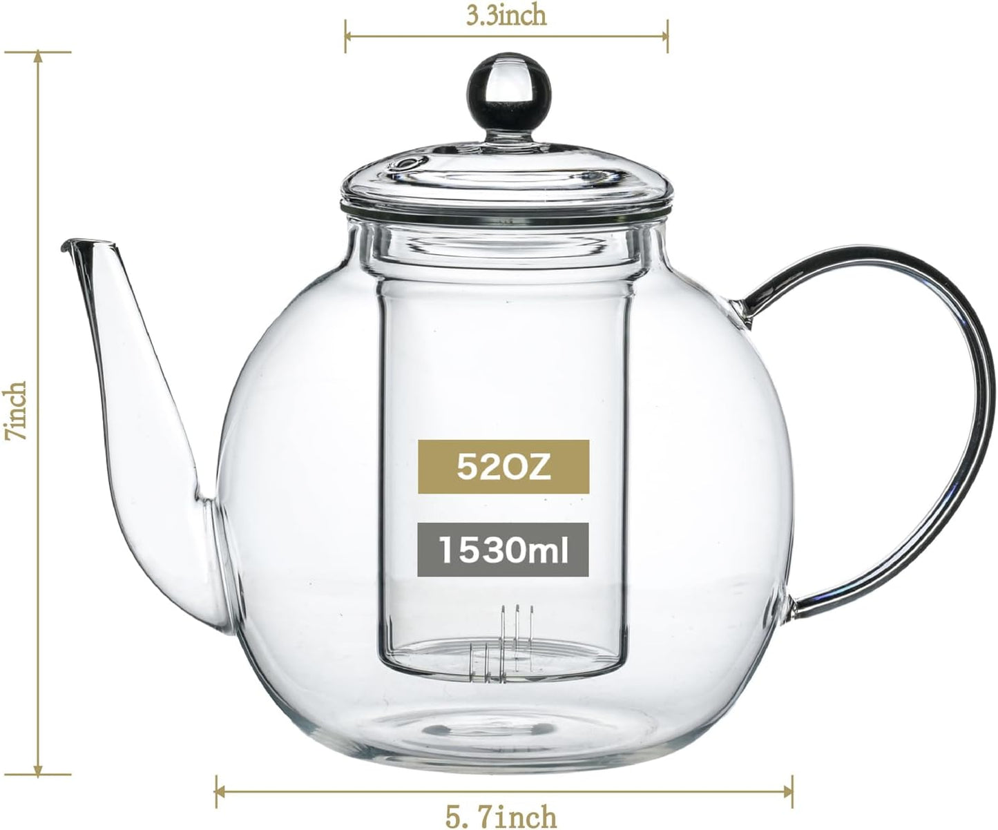 1530ml/52oz Large Glass Teapot with Removable Infuser, Clear Teapot, Stovetop Safe, Suitable for Loose Leaf Tea and Herbal Tea, Unique Father's Day Gift