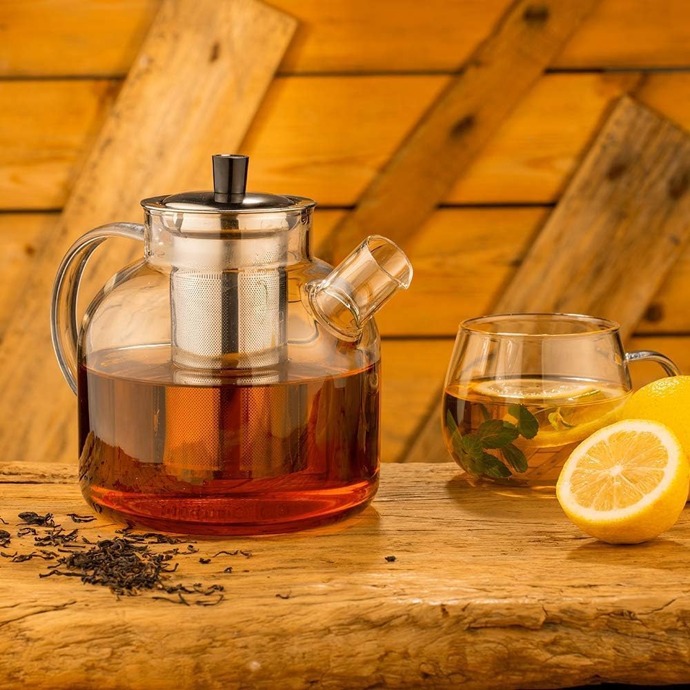 1500 ml (50 oz) Glass Teapot with Removable Infuser, Stovetop Safe Large Teapot, Handcrafted Blooming and Loose Leaf Teapot for Women and Adults with Stainless Steel Infuser