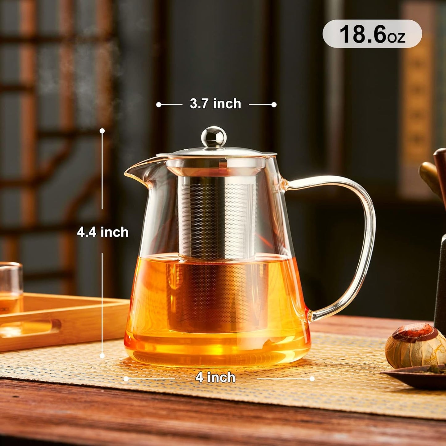 Glass Teapot Stovetop 18.6 Ounces, Borosilicate Clear Teapot with Removable 18/8 Stainless Steel Infuser, Teapot Blooming and Loose Leaf Teapot Tea Set for Camping, Travel (550ml)
