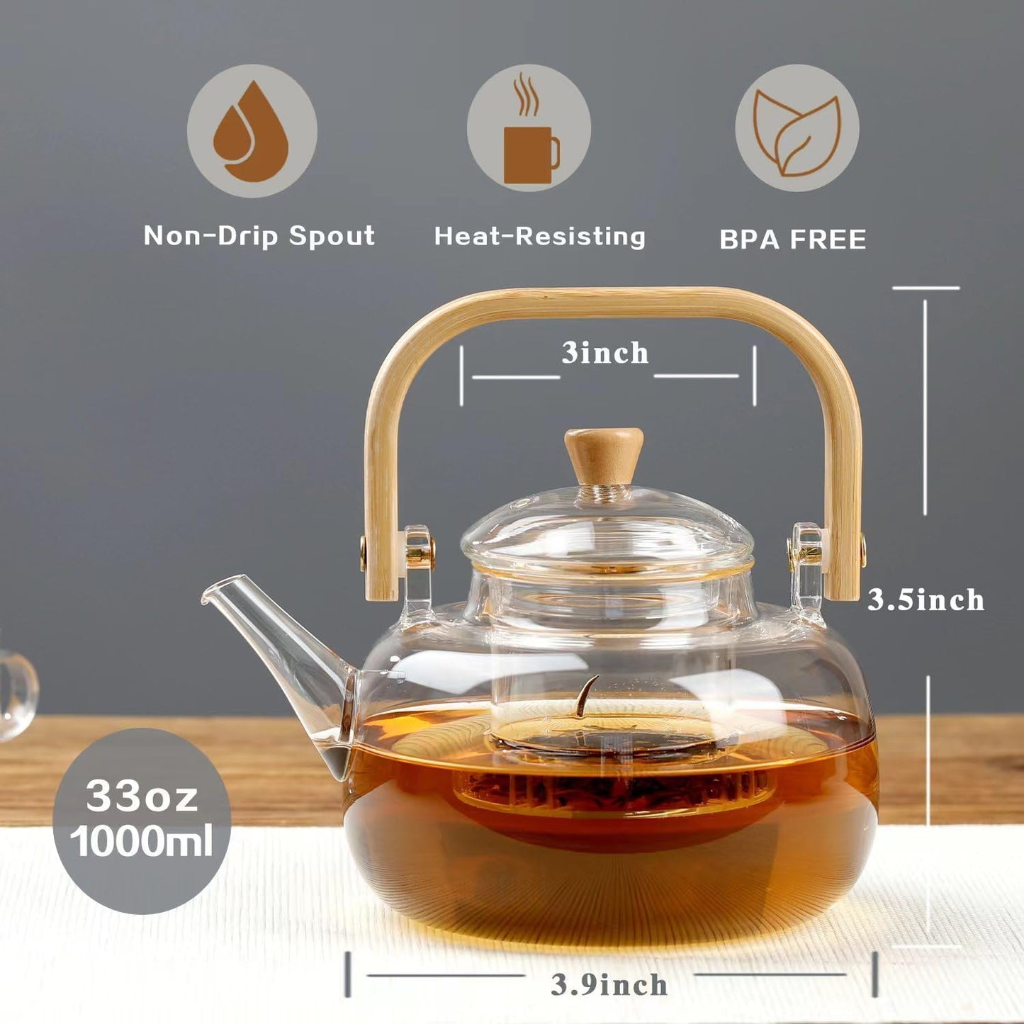 Glass Teapot with Removable Infuser for Stovetop, Glass Teapot 1000ml 33oz, Hand Blown Teapot with Infuser for Loose Tea, Father's Day Gift
