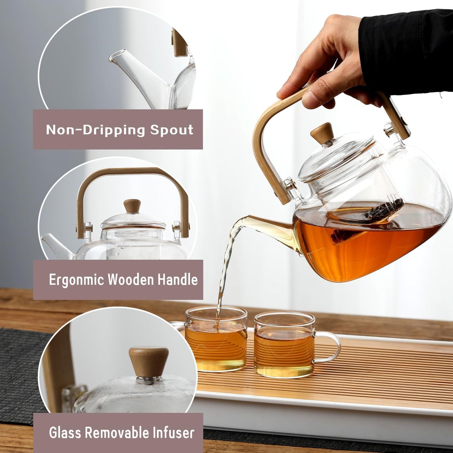 Glass Teapot with Removable Infuser for Stovetop, Glass Teapot 1000ml 33oz, Hand Blown Teapot with Infuser for Loose Tea, Father's Day Gift