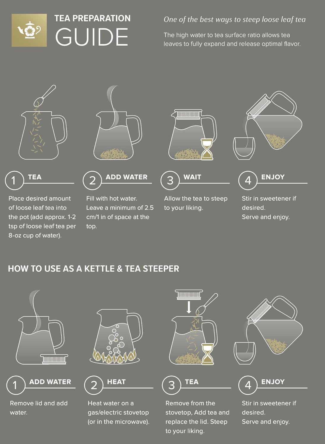 One Touch Tea Infuser, 2-in-1 Teapot and Pitcher with Stainless Steel Filter Lid for Loose Tea - Stain Resistant Borosilicate Glass Teapot (27 oz) - Tea Connoisseur's Choice