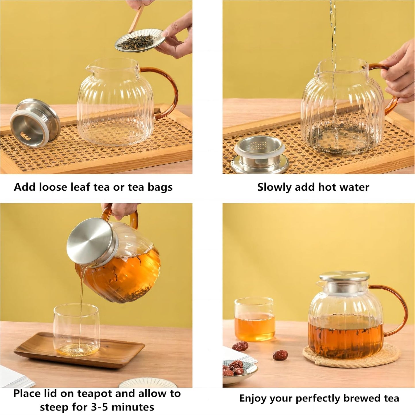 Glass Teapot for Stovetop, 46.8 oz/1385 ml Heat Resistant Borosilicate Glass Teapot with Stainless Steel Lid, Hand-blown Clear Teapot for Loose Leaf Tea and Herbal Tea, Father's Day Gift