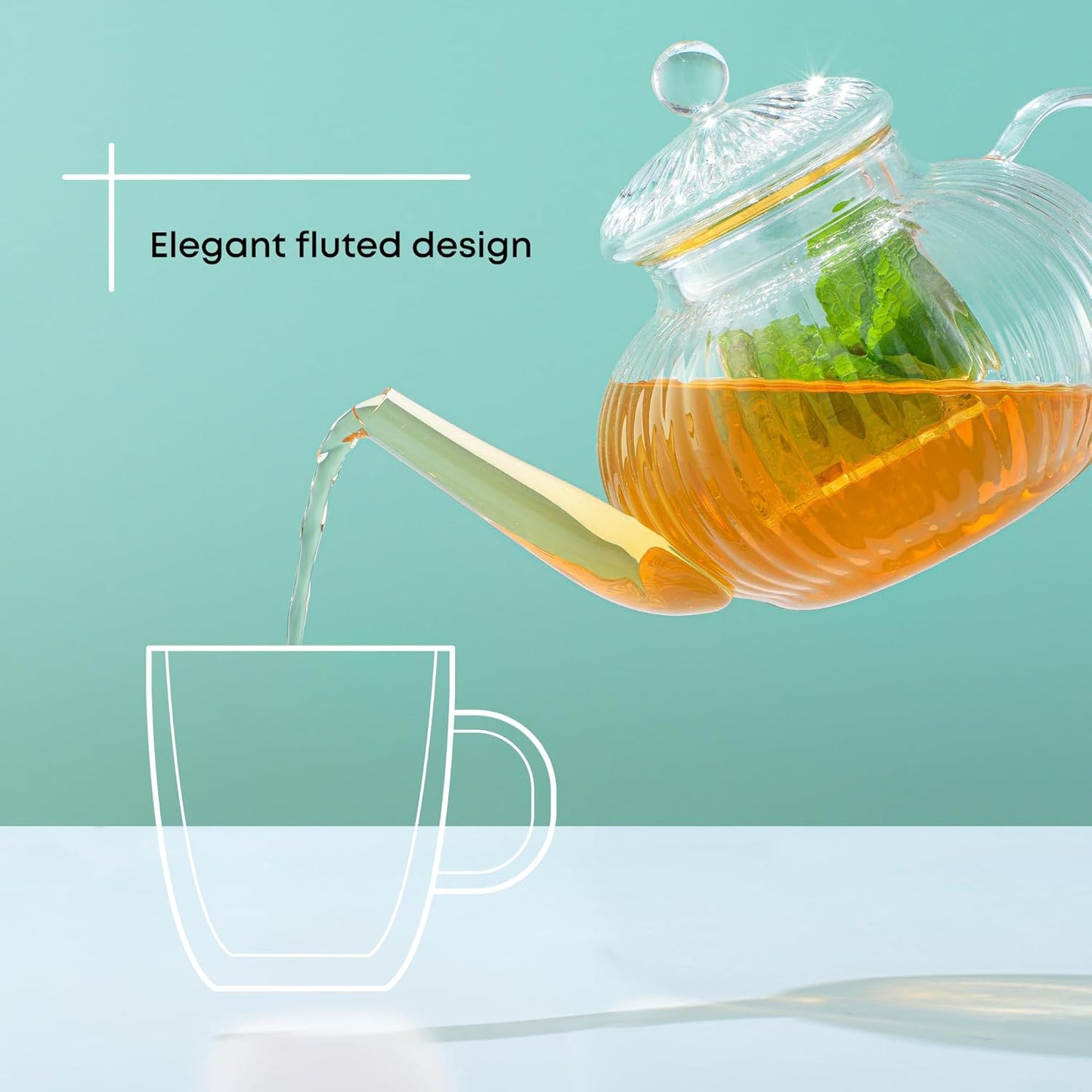 Fluted Glass Teapot Set 34 Ounces, Stovetop Safe Teapot, Borosilicate Clear Pitcher with Removable Glass Infuser, Flower and Loose Leaf Teapot and Infuser
