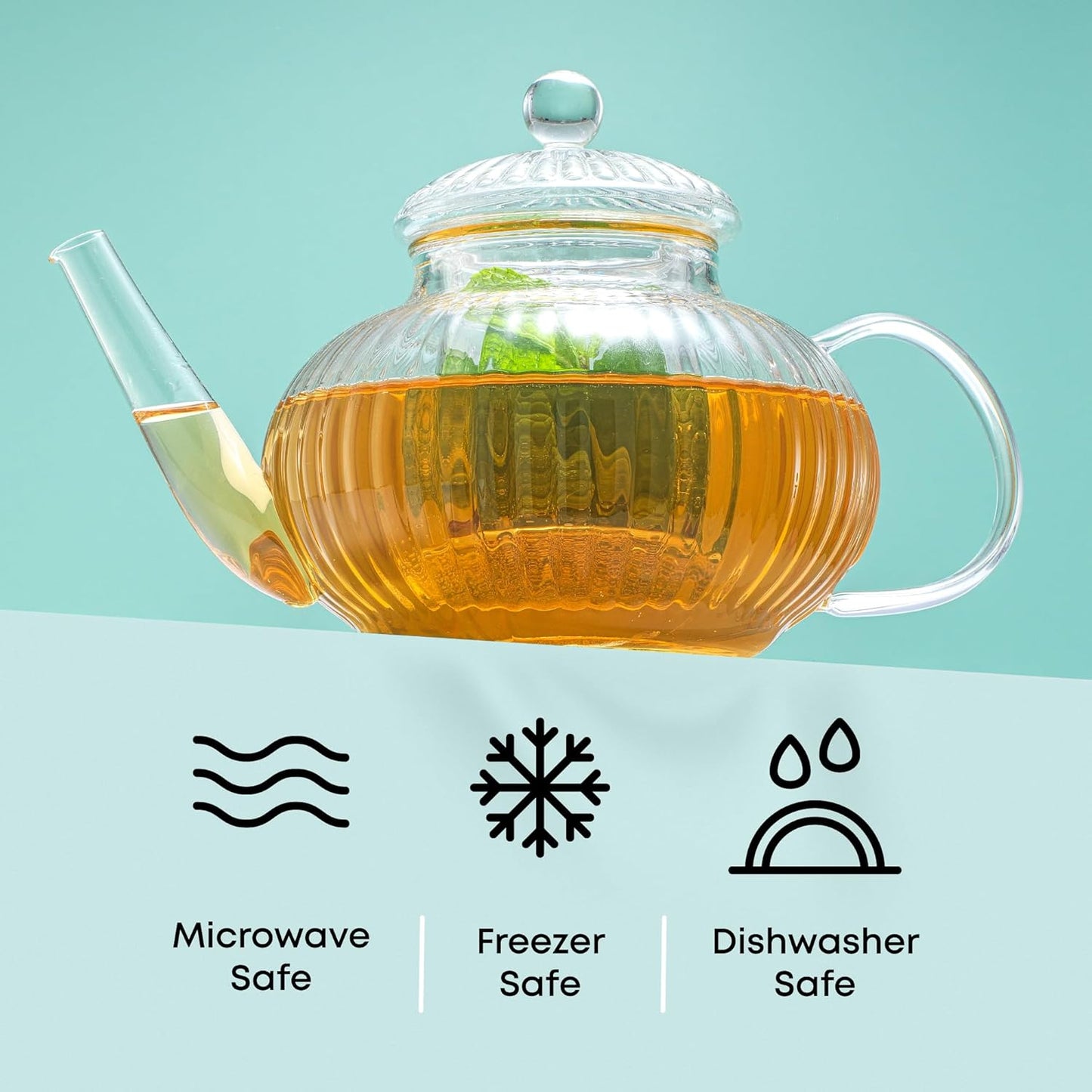 Fluted Glass Teapot Set 34 Ounces, Stovetop Safe Teapot, Borosilicate Clear Pitcher with Removable Glass Infuser, Flower and Loose Leaf Teapot and Infuser
