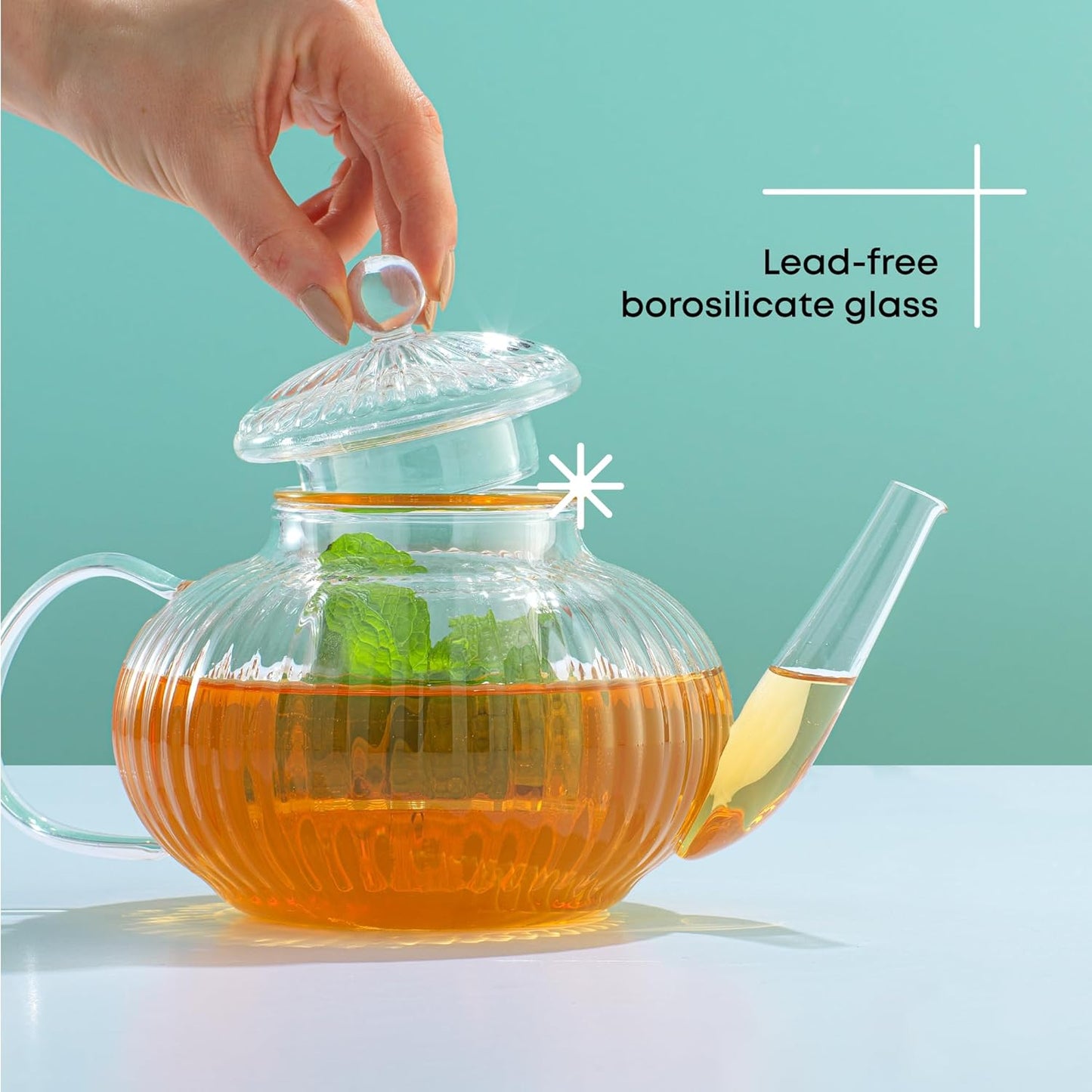 Fluted Glass Teapot Set 34 Ounces, Stovetop Safe Teapot, Borosilicate Clear Pitcher with Removable Glass Infuser, Flower and Loose Leaf Teapot and Infuser