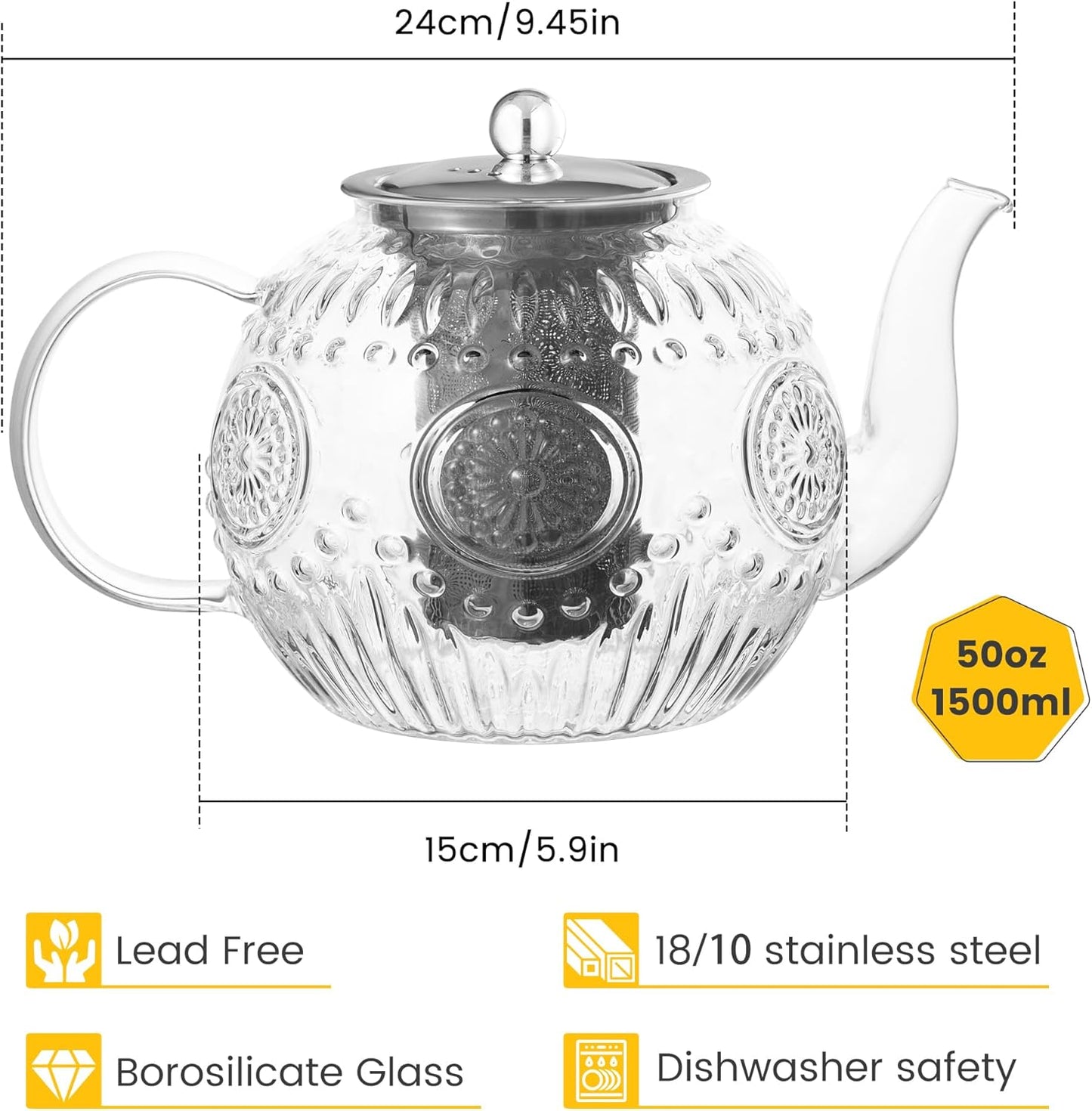 50oz/1500ml Vintage Glass Teapot with Removable Infuser - Stovetop, Borosilicate Glass Teapot for Herbal and Loose Leaf Teas