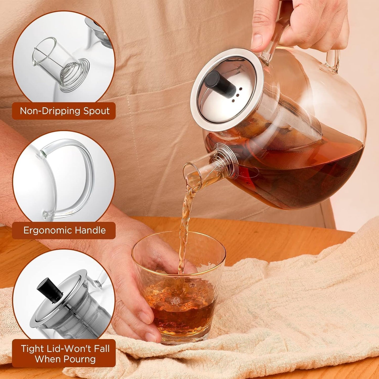 1500 ml (50 oz) Glass Teapot with Removable Infuser, Stovetop Safe Large Teapot, Handcrafted Blooming and Loose Leaf Teapot for Women and Adults with Stainless Steel Infuser