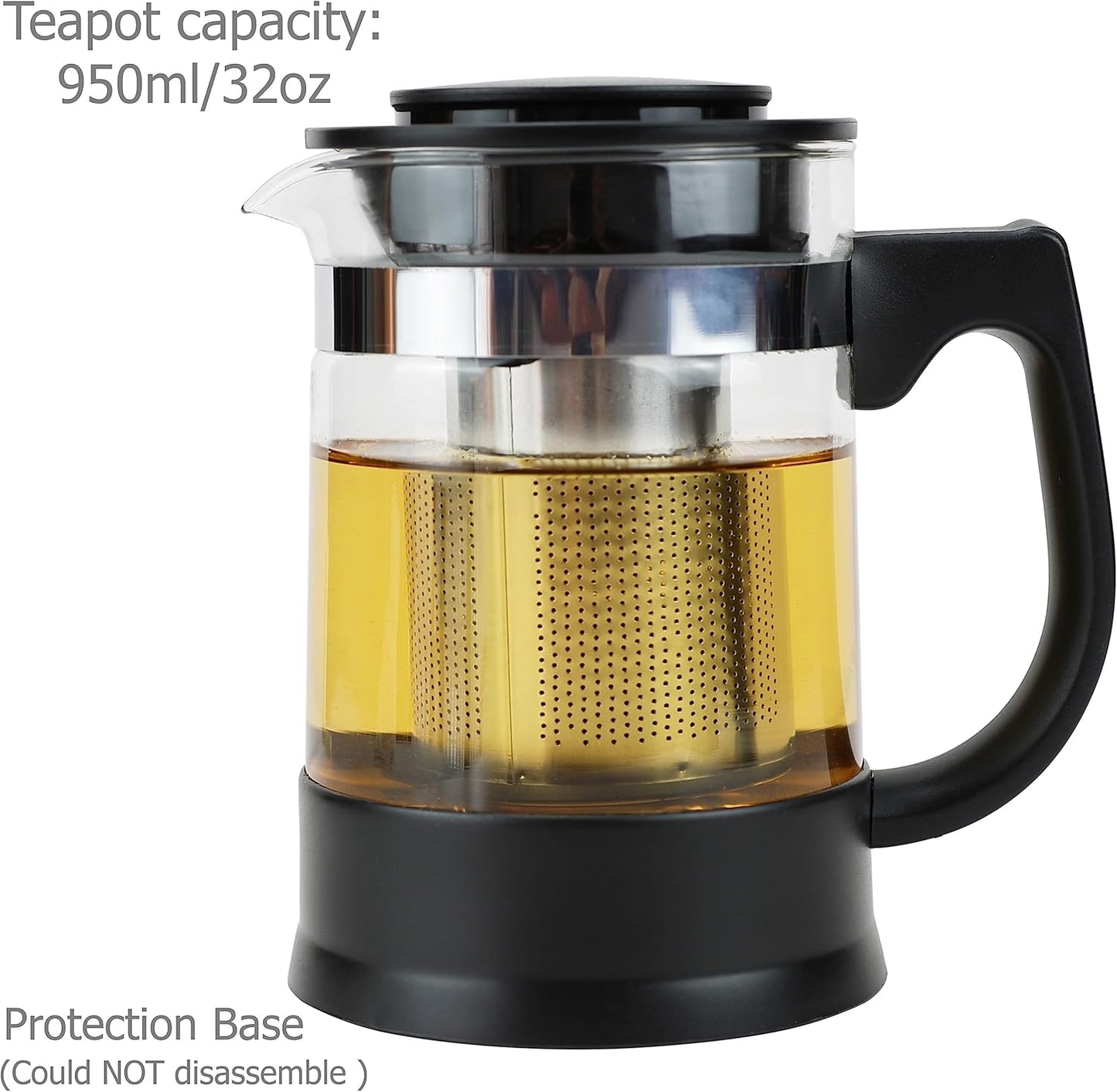 Glass Teapot with Removable Infuser and Heat Resistant Base for Brewing and Serving Herbal Teas, Loose Leaf Teas - 950ml/32oz Capacity