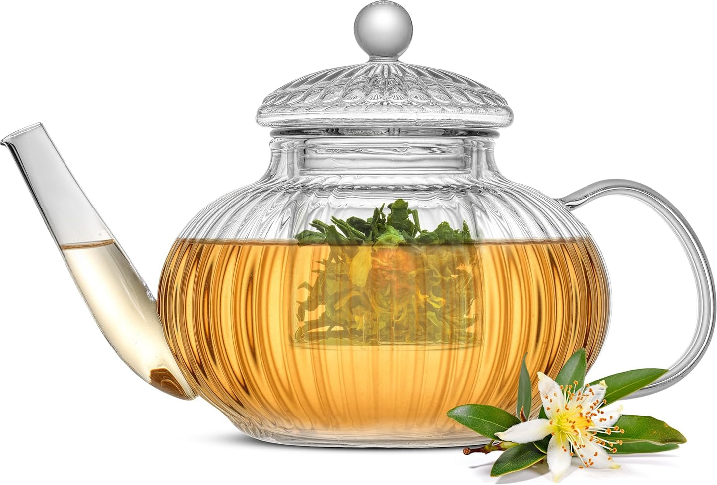 Fluted Glass Teapot Set 34 Ounces, Stovetop Safe Teapot, Borosilicate Clear Pitcher with Removable Glass Infuser, Flower and Loose Leaf Teapot and Infuser