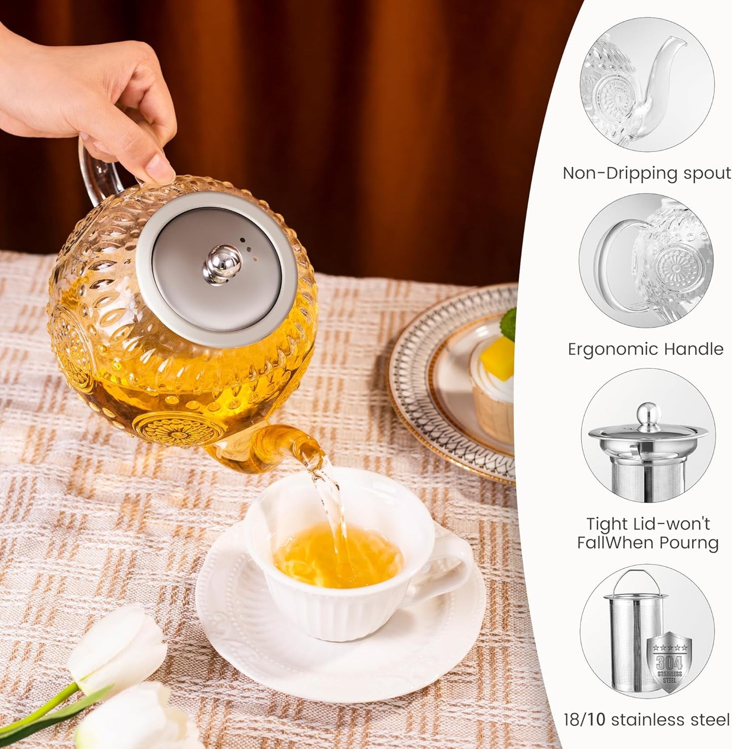 50oz/1500ml Vintage Glass Teapot with Removable Infuser - Stovetop, Borosilicate Glass Teapot for Herbal and Loose Leaf Teas