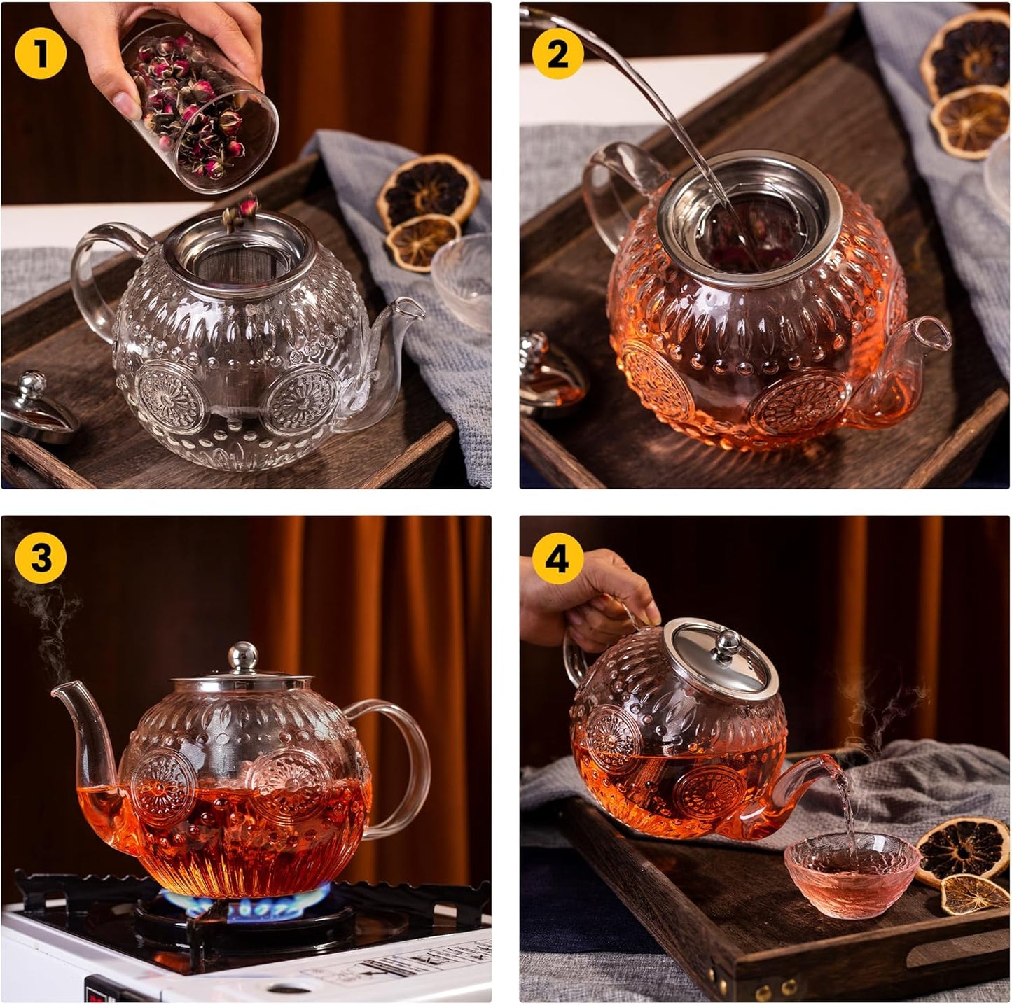 50oz/1500ml Vintage Glass Teapot with Removable Infuser - Stovetop, Borosilicate Glass Teapot for Herbal and Loose Leaf Teas