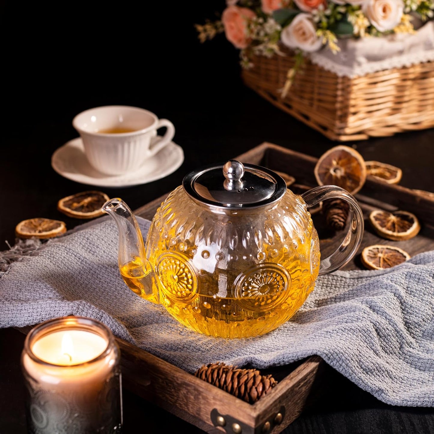 50oz/1500ml Vintage Glass Teapot with Removable Infuser - Stovetop, Borosilicate Glass Teapot for Herbal and Loose Leaf Teas