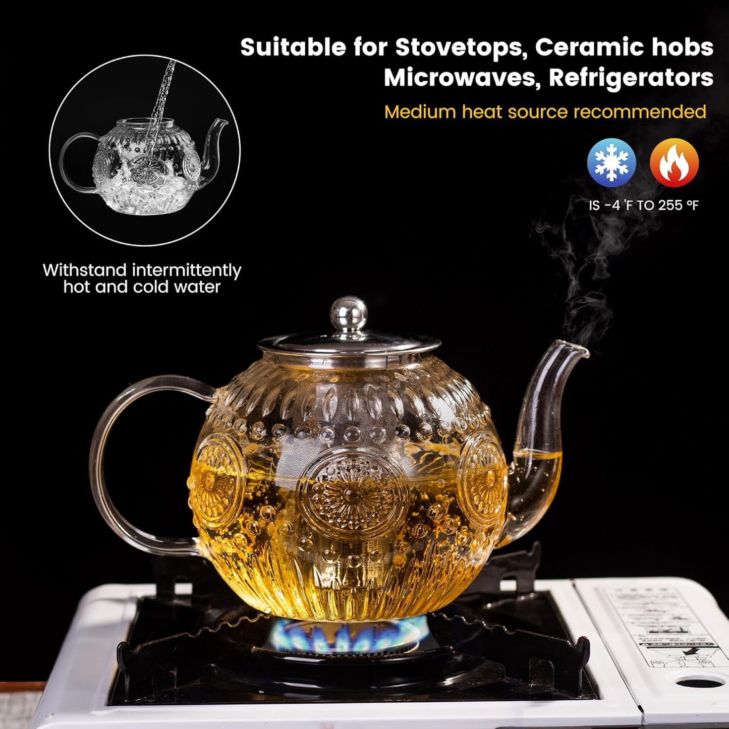 50oz/1500ml Vintage Glass Teapot with Removable Infuser - Stovetop, Borosilicate Glass Teapot for Herbal and Loose Leaf Teas