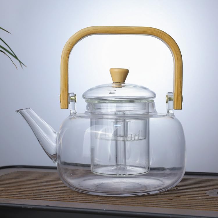1000ml glass teapot for stovetop use, borosilicate glass teapot with removable infuser and bamboo handle, suitable for loose leaf and fruit teas