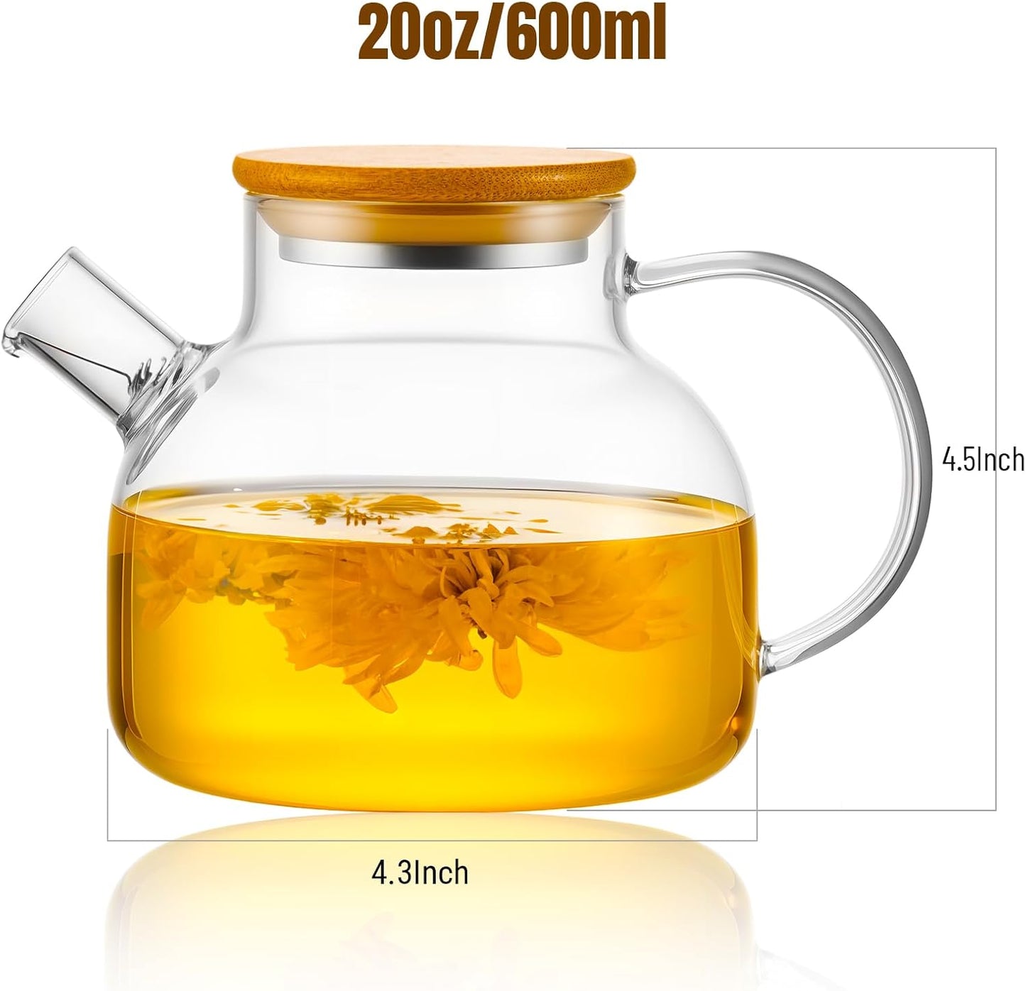 Glass Teapot Stovetop 20oz/600ml, Borosilicate Clear Teapot with Bamboo Lid, Glass Teapot with Removable Filter, Teapot Flowering and Loose Leaf Teapot Tea Infuser for Camping