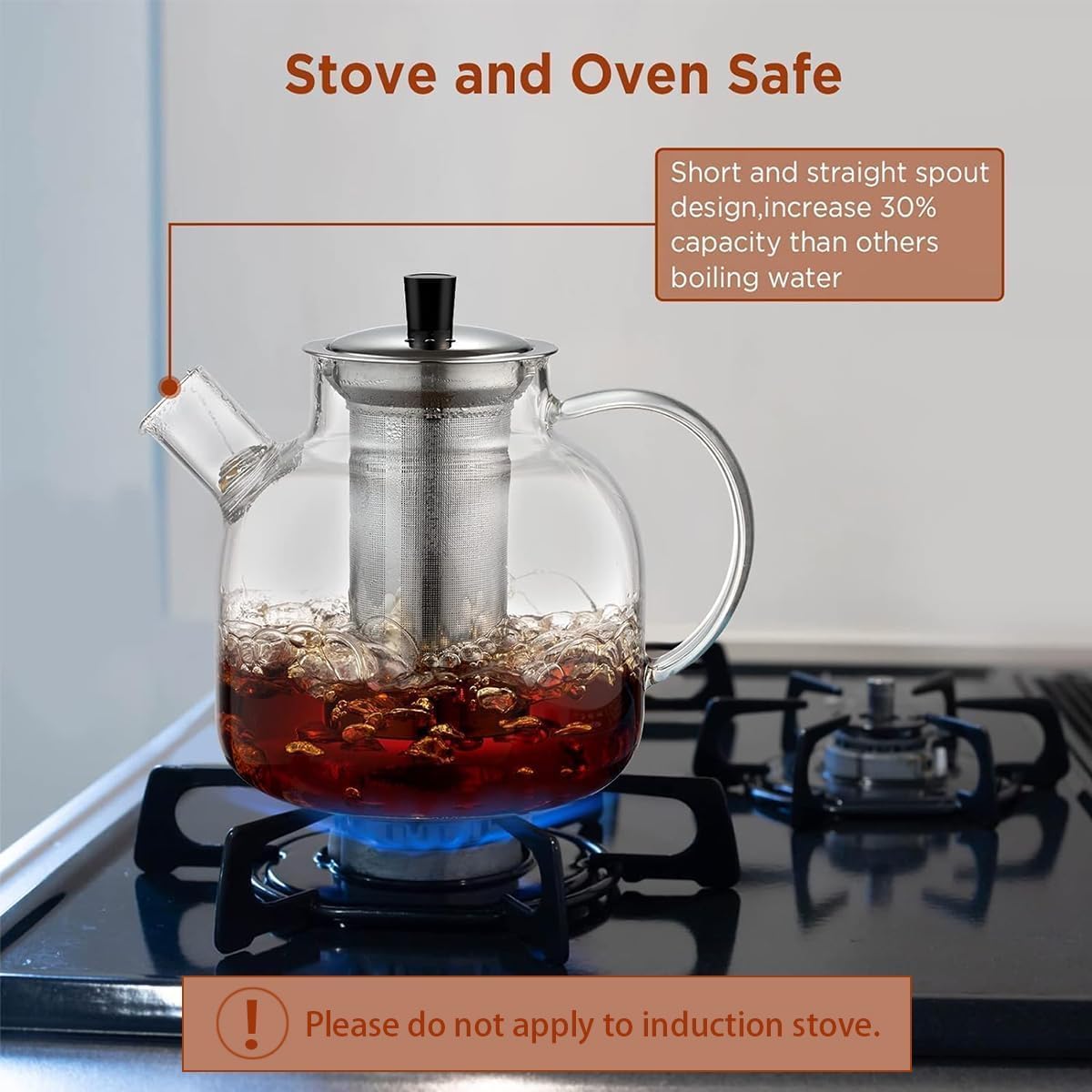 1500 ml (50 oz) Glass Teapot with Removable Infuser, Stovetop Safe Large Teapot, Handcrafted Blooming and Loose Leaf Teapot for Women and Adults with Stainless Steel Infuser