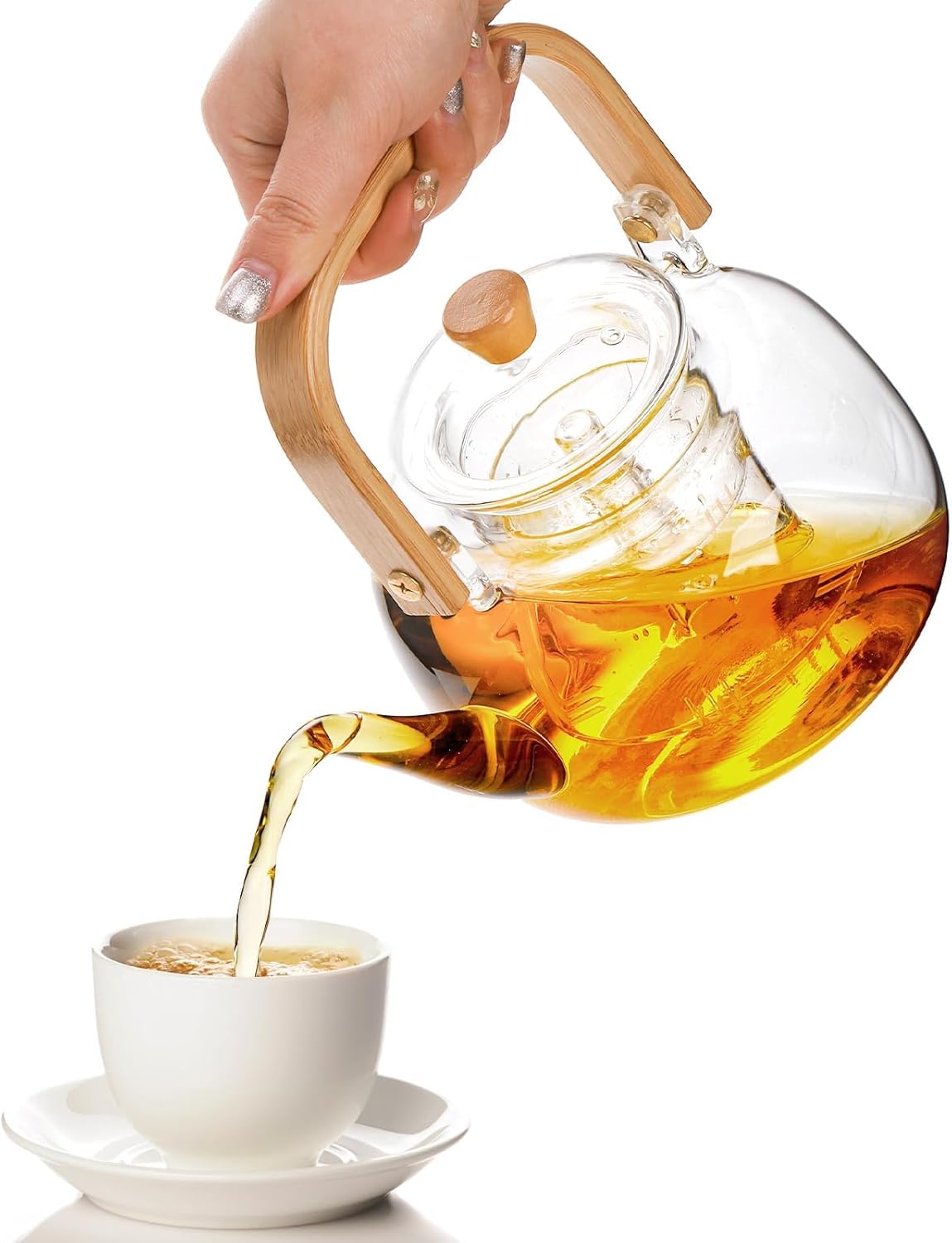 1000ml glass teapot for stovetop use, borosilicate glass teapot with removable infuser and bamboo handle, suitable for loose leaf and fruit teas