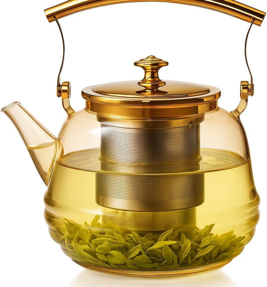 Large Teapot, Gold Glass Teapot with Infuser, for Loose Tea, 1200ml/40.5oz Microwavable Teapot