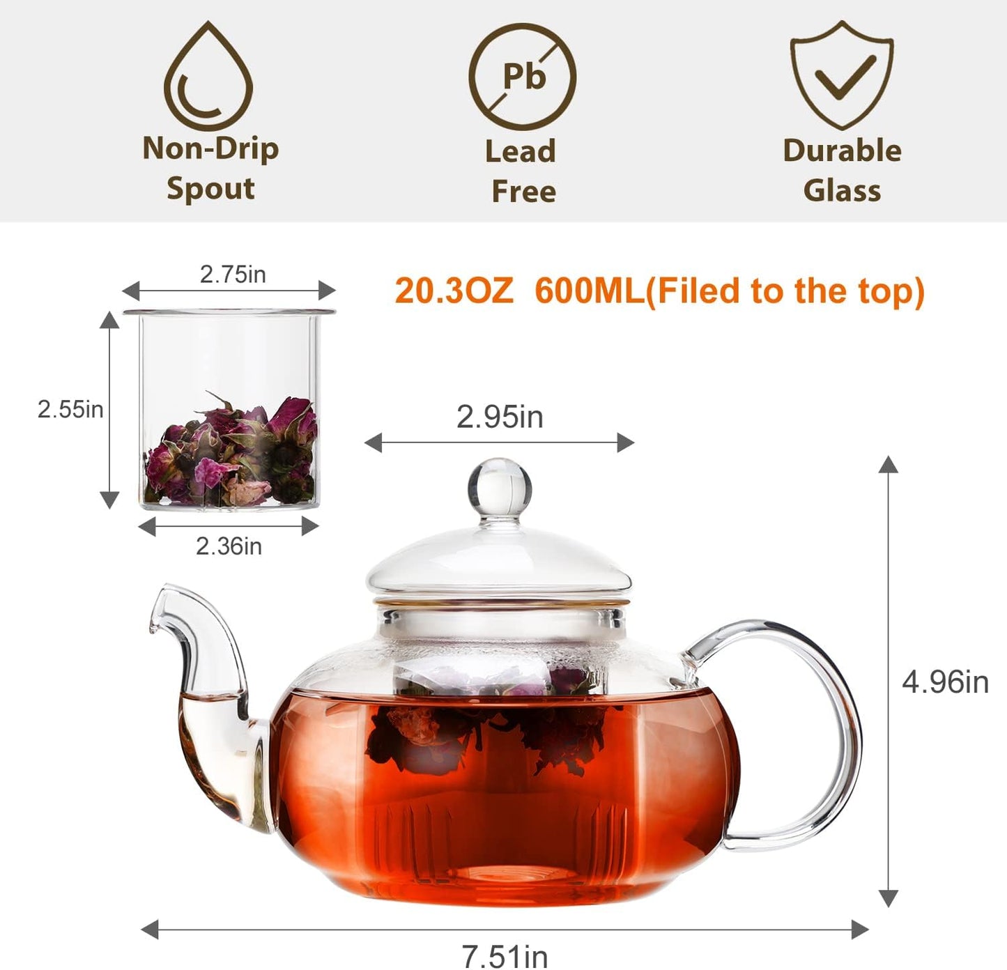 Glass Teapot, Stovetop, Clear Teapot with Removable Infuser, 20.3 Ounces, Loose Leaf Tea and Floral Teapot