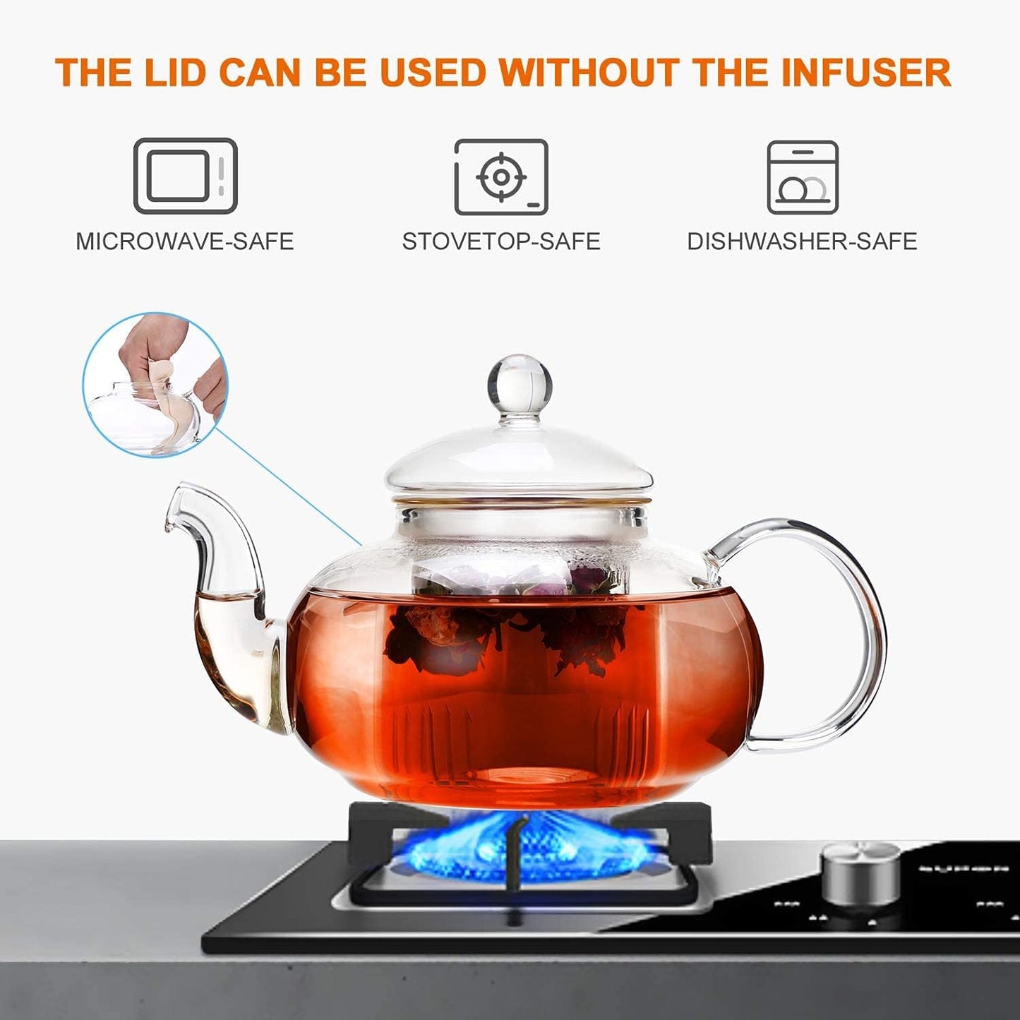 Glass Teapot, Stovetop, Clear Teapot with Removable Infuser, 20.3 Ounces, Loose Leaf Tea and Floral Teapot
