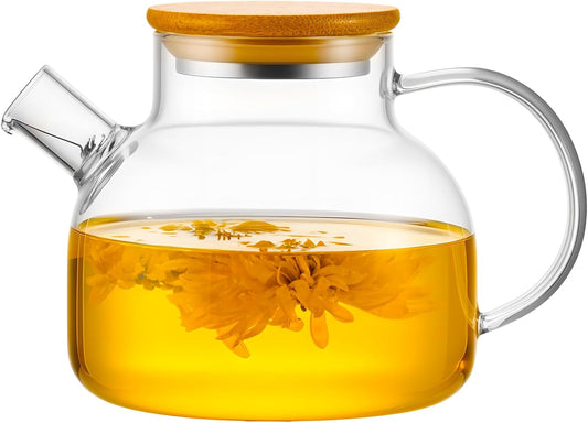 Glass Teapot Stovetop 20oz/600ml, Borosilicate Clear Teapot with Bamboo Lid, Glass Teapot with Removable Filter, Teapot Flowering and Loose Leaf Teapot Tea Infuser for Camping