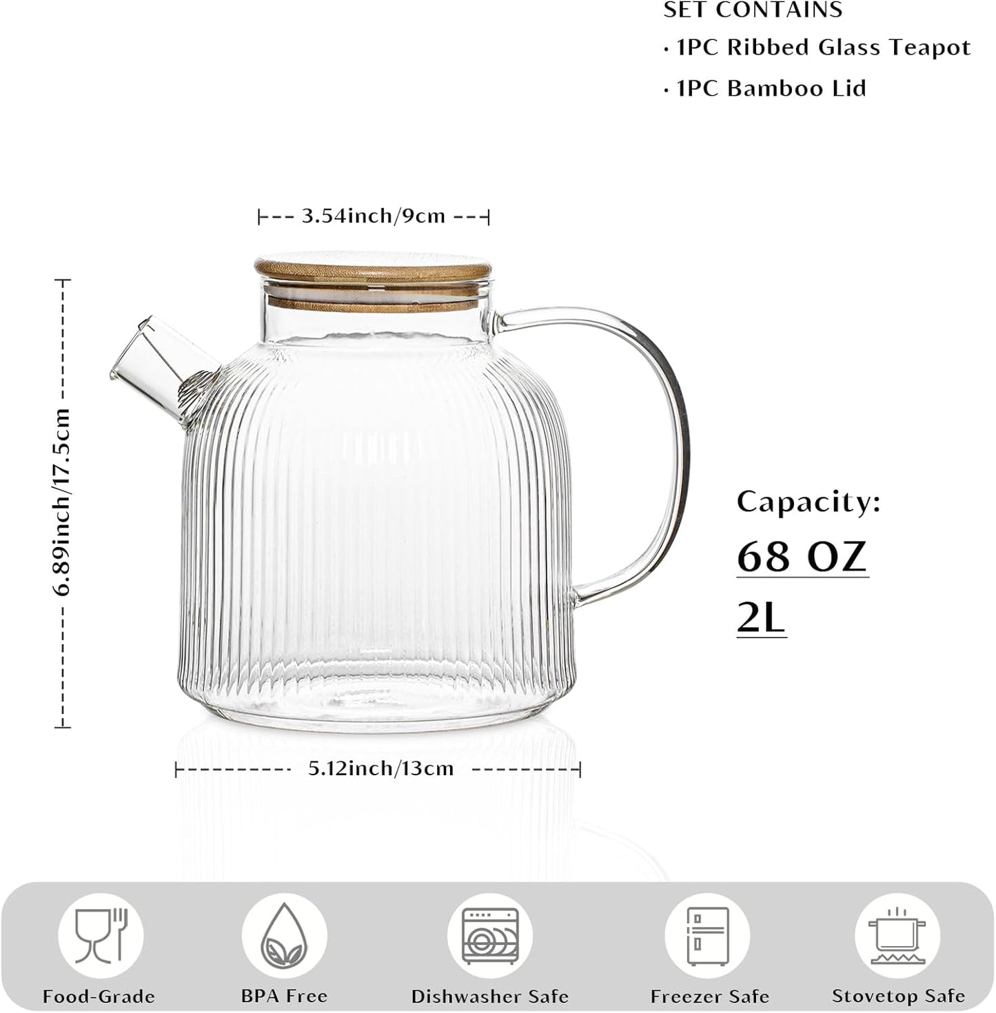 68 oz / 2 liter glass teapot with bamboo lid, stovetop safe glass teapot with filter, perfect for fruit tea, herbal tea and loose leaf tea, suitable for daily use and tea parties