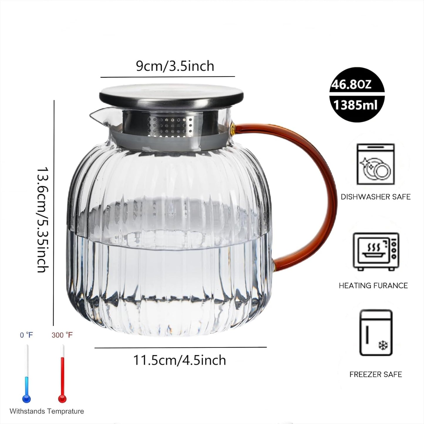 Glass Teapot for Stovetop, 46.8 oz/1385 ml Heat Resistant Borosilicate Glass Teapot with Stainless Steel Lid, Hand-blown Clear Teapot for Loose Leaf Tea and Herbal Tea, Father's Day Gift