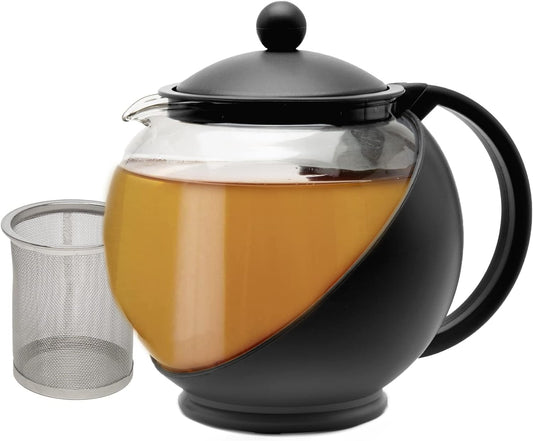 Half Moon Teapot with Removable Infuser, Glass Teapot with Reusable Fine Mesh Stainless Steel Strainer, Dishwasher Safe, 40 Ounces, Black