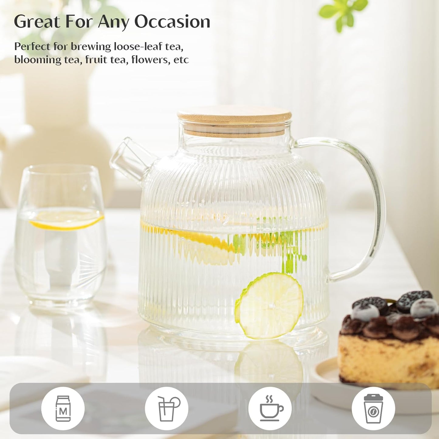 68 oz / 2 liter glass teapot with bamboo lid, stovetop safe glass teapot with filter, perfect for fruit tea, herbal tea and loose leaf tea, suitable for daily use and tea parties
