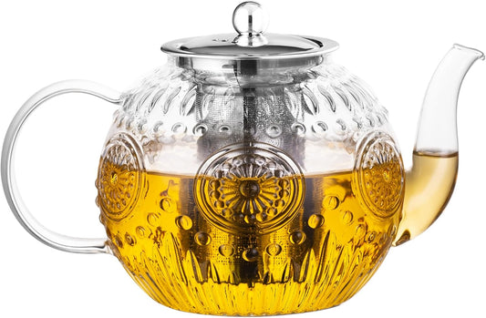 50oz/1500ml Vintage Glass Teapot with Removable Infuser - Stovetop, Borosilicate Glass Teapot for Herbal and Loose Leaf Teas