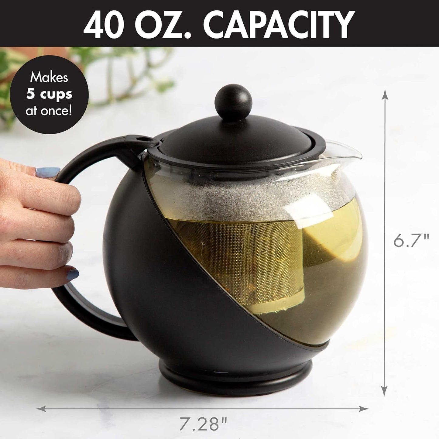 Half Moon Teapot with Removable Infuser, Glass Teapot with Reusable Fine Mesh Stainless Steel Strainer, Dishwasher Safe, 40 Ounces, Black