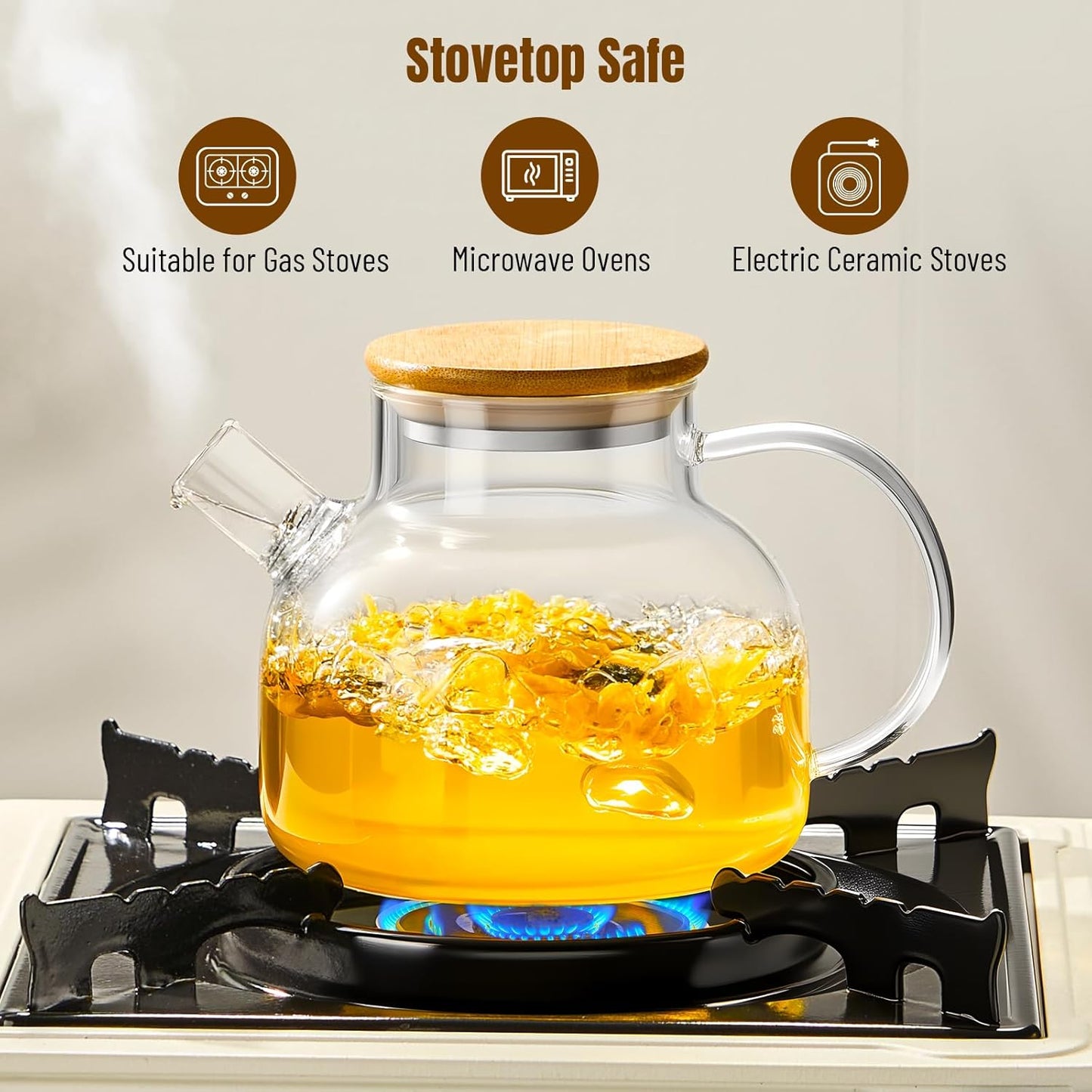 Glass Teapot Stovetop 20oz/600ml, Borosilicate Clear Teapot with Bamboo Lid, Glass Teapot with Removable Filter, Teapot Flowering and Loose Leaf Teapot Tea Infuser for Camping