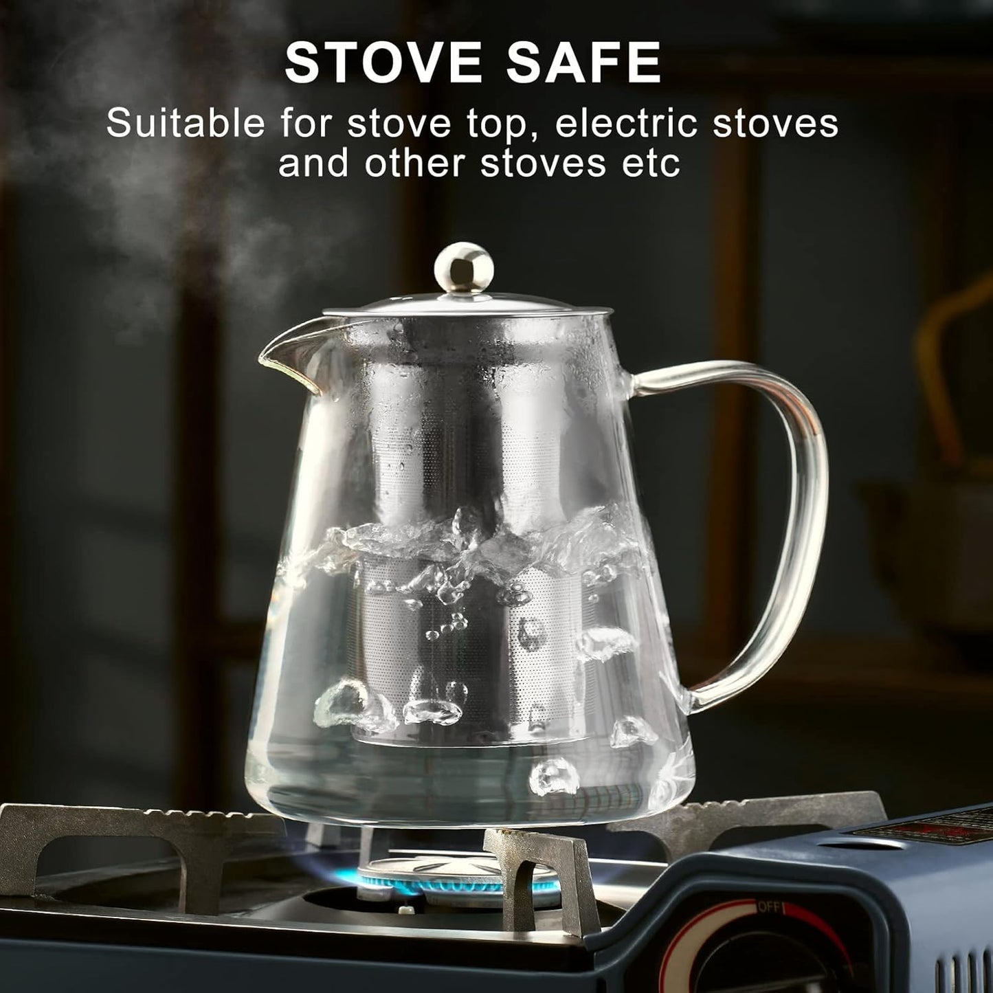 Glass Teapot Stovetop 18.6 Ounces, Borosilicate Clear Teapot with Removable 18/8 Stainless Steel Infuser, Teapot Blooming and Loose Leaf Teapot Tea Set for Camping, Travel (550ml)