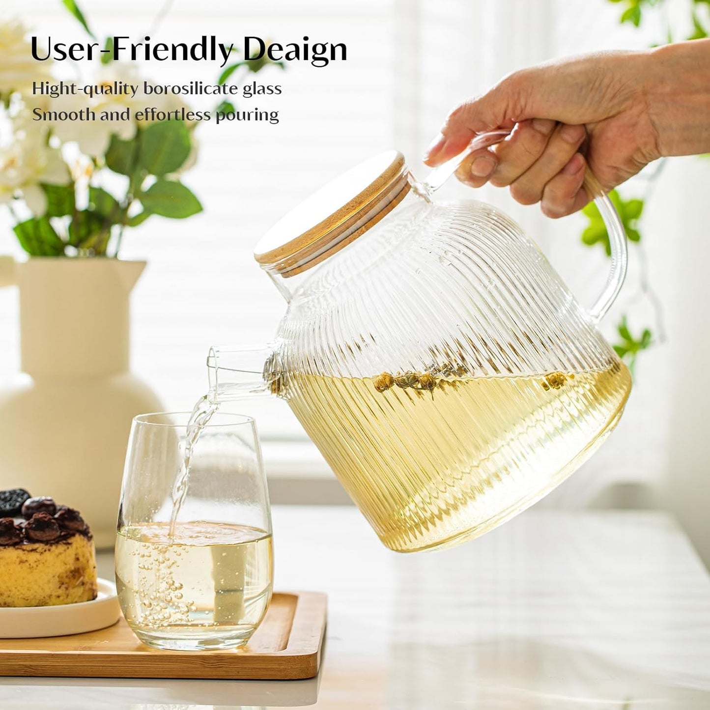 68 oz / 2 liter glass teapot with bamboo lid, stovetop safe glass teapot with filter, perfect for fruit tea, herbal tea and loose leaf tea, suitable for daily use and tea parties