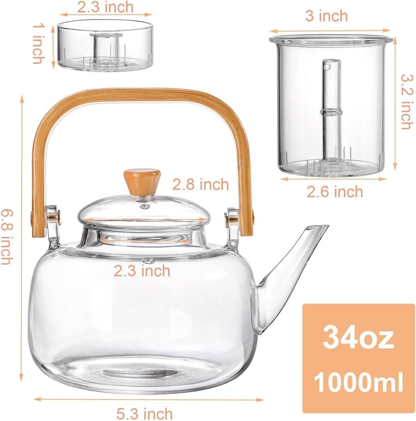 1000ml glass teapot for stovetop use, borosilicate glass teapot with removable infuser and bamboo handle, suitable for loose leaf and fruit teas