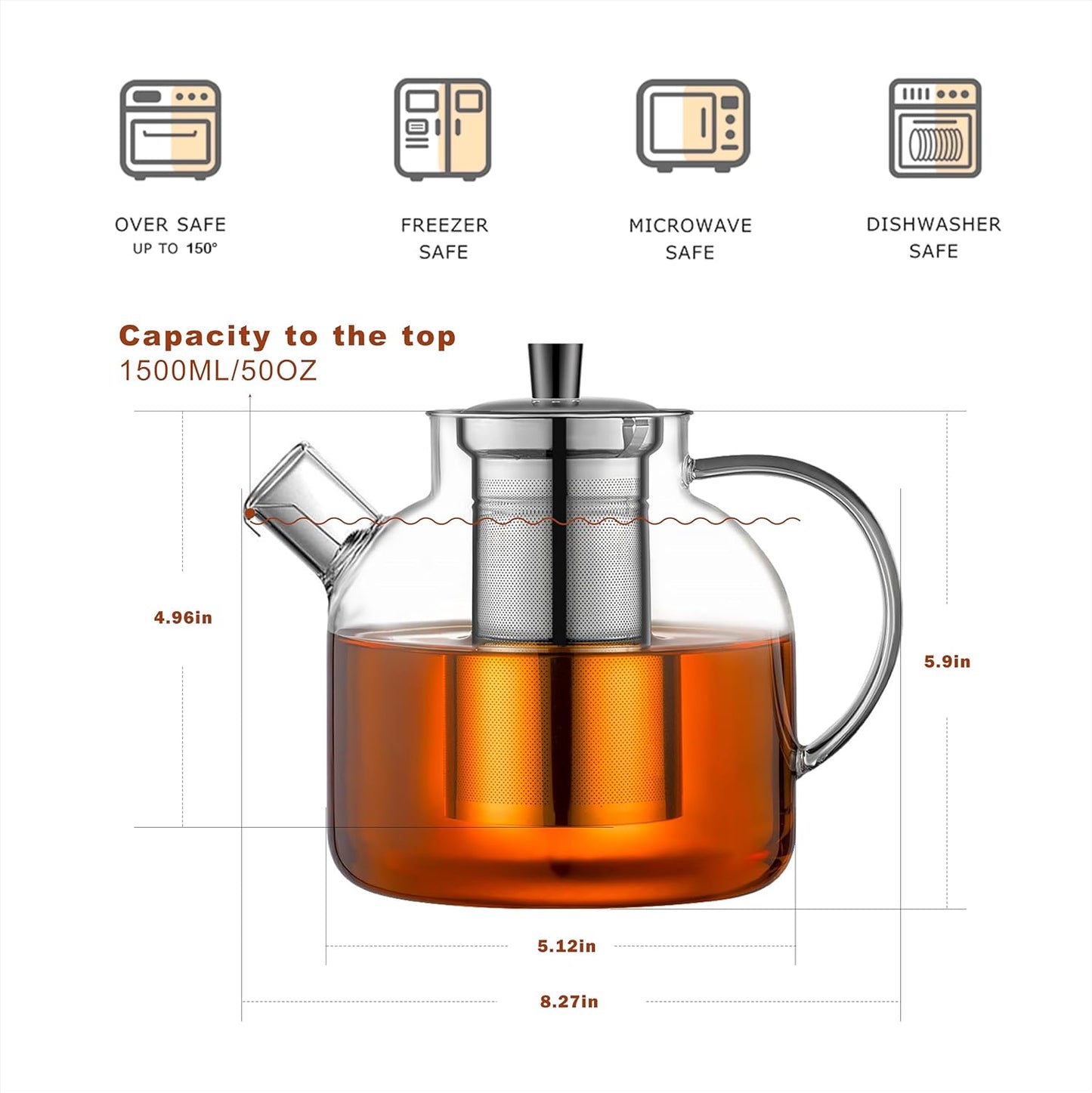 1500 ml (50 oz) Glass Teapot with Removable Infuser, Stovetop Safe Large Teapot, Handcrafted Blooming and Loose Leaf Teapot for Women and Adults with Stainless Steel Infuser