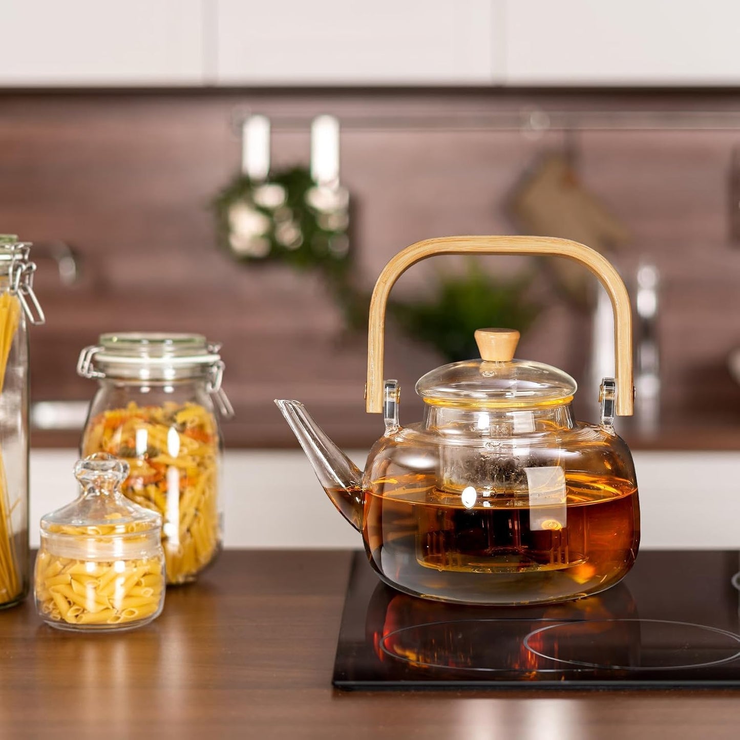 1000ml glass teapot for stovetop use, borosilicate glass teapot with removable infuser and bamboo handle, suitable for loose leaf and fruit teas