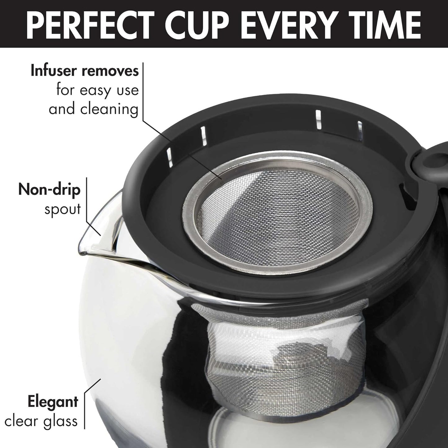 Half Moon Teapot with Removable Infuser, Glass Teapot with Reusable Fine Mesh Stainless Steel Strainer, Dishwasher Safe, 40 Ounces, Black