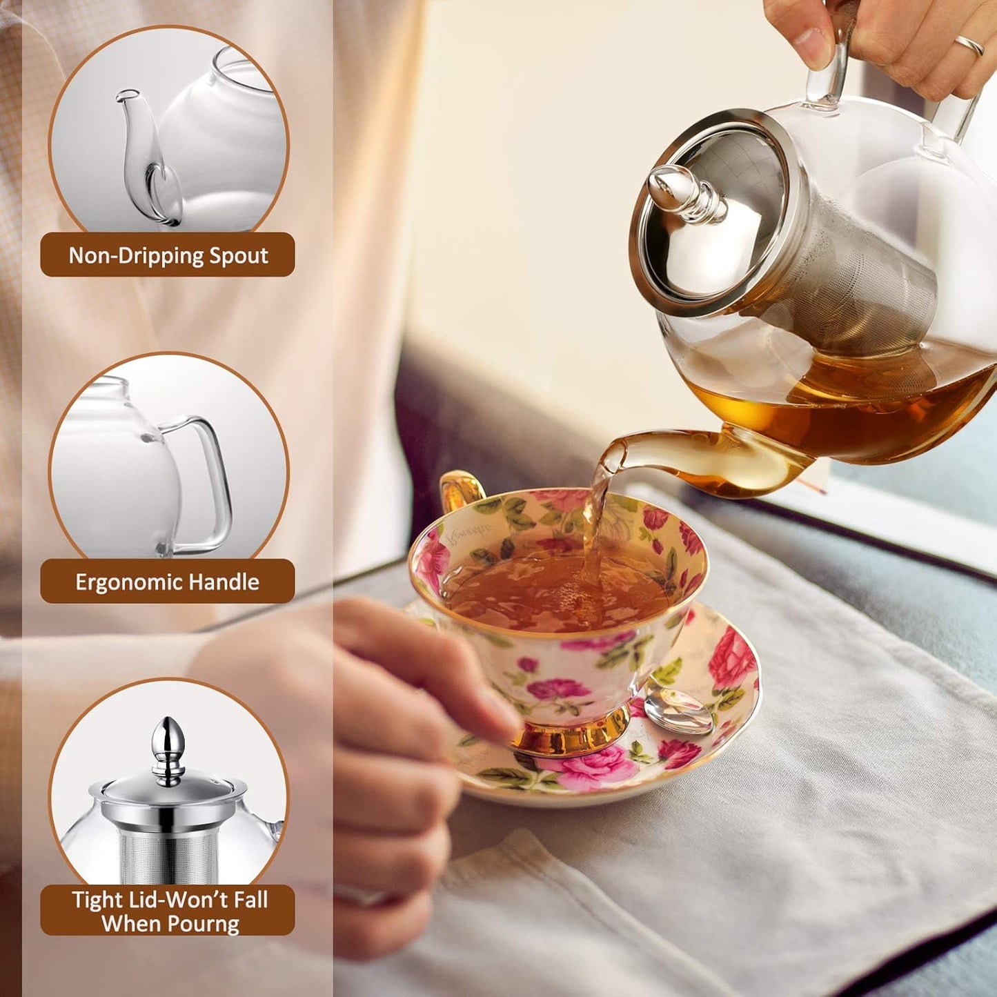 1000ml Glass Teapot with Removable Infuser, Stovetop Safe Teapot, Blooming and Loose Leaf Teapot Set