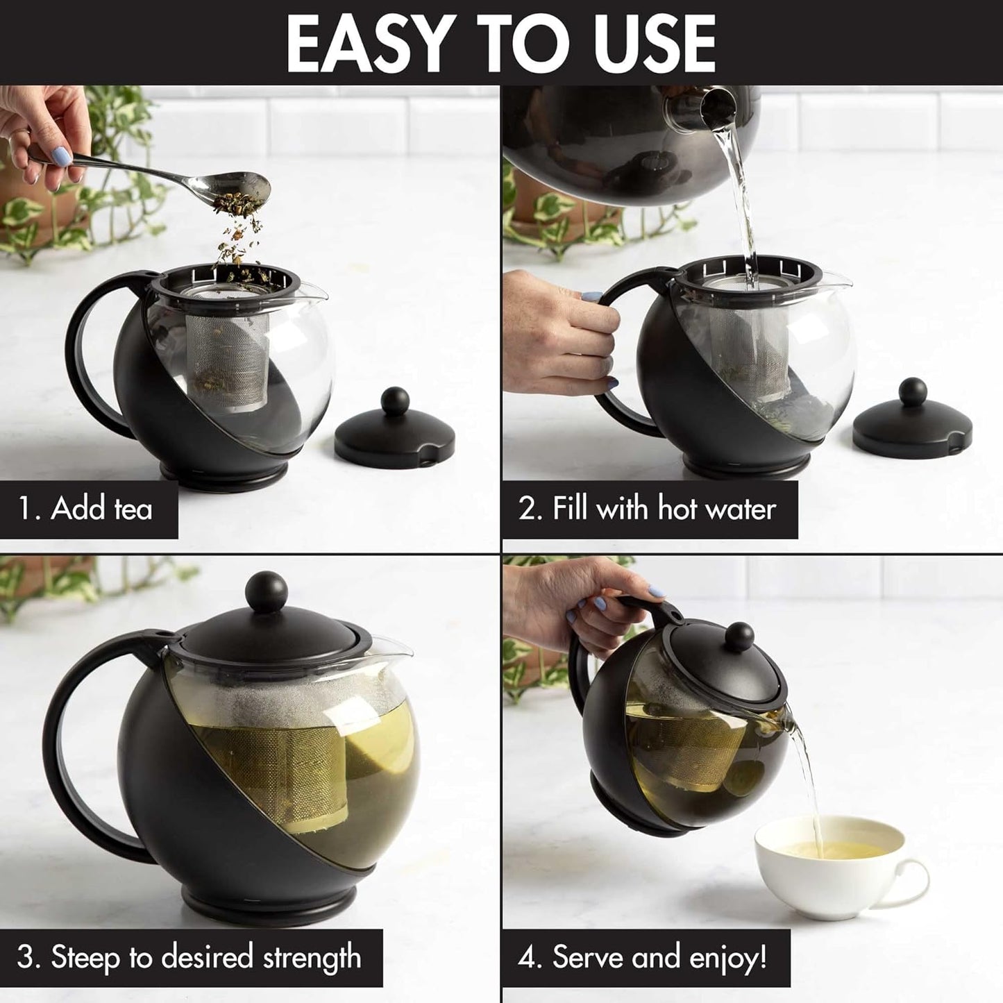 Half Moon Teapot with Removable Infuser, Glass Teapot with Reusable Fine Mesh Stainless Steel Strainer, Dishwasher Safe, 40 Ounces, Black