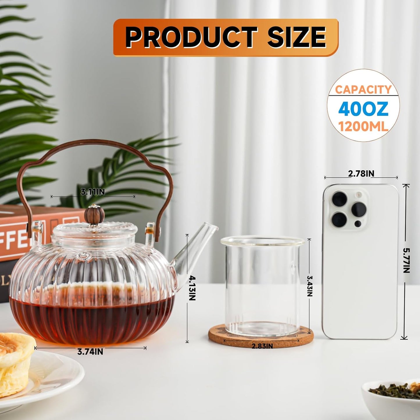 40 oz / 1200 ml Glass Pumpkin Teapot with Removable Infuser and Lid, Stovetop and Microwave Safe, Clear Borosilicate Glass Teapot for Loose Leaf Herbal Teas