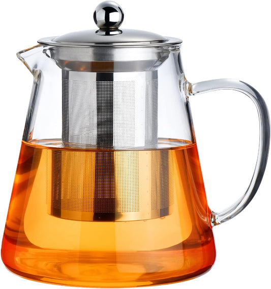 Glass Teapot Stovetop 18.6 Ounces, Borosilicate Clear Teapot with Removable 18/8 Stainless Steel Infuser, Teapot Blooming and Loose Leaf Teapot Tea Set for Camping, Travel (550ml)