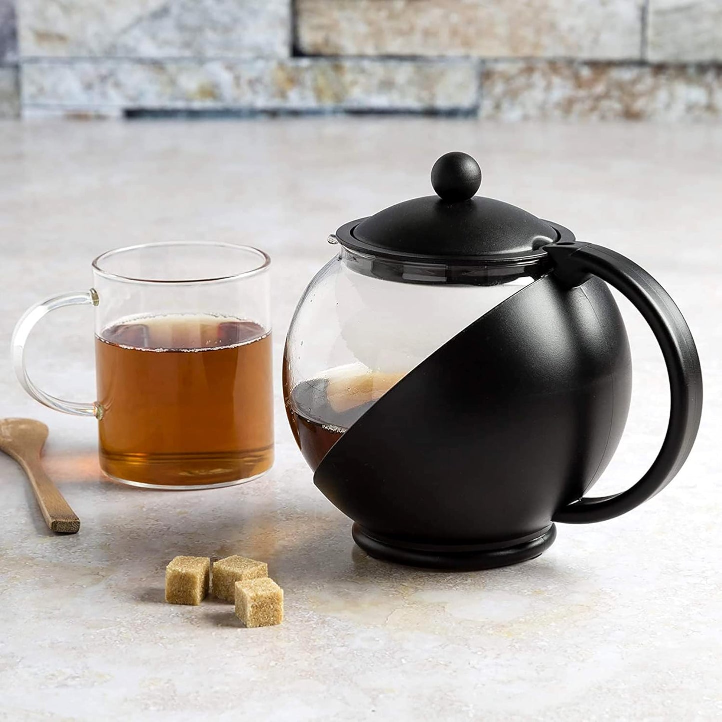 Half Moon Teapot with Removable Infuser, Glass Teapot with Reusable Fine Mesh Stainless Steel Strainer, Dishwasher Safe, 40 Ounces, Black