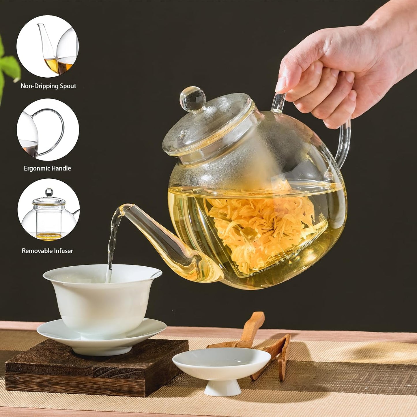 1530ml/52oz Large Glass Teapot with Removable Infuser, Clear Teapot, Stovetop Safe, Suitable for Loose Leaf Tea and Herbal Tea, Unique Father's Day Gift