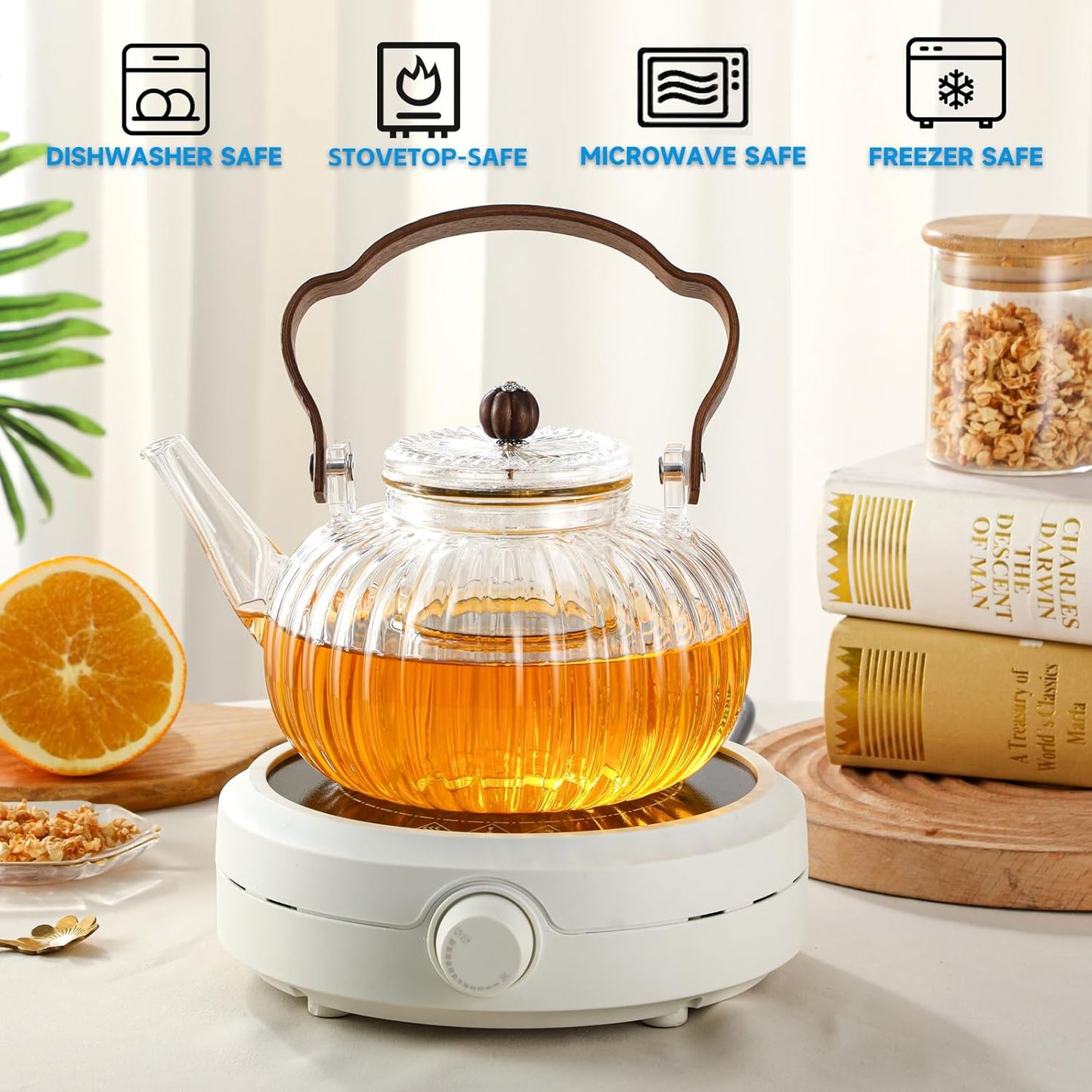40 oz / 1200 ml Glass Pumpkin Teapot with Removable Infuser and Lid, Stovetop and Microwave Safe, Clear Borosilicate Glass Teapot for Loose Leaf Herbal Teas
