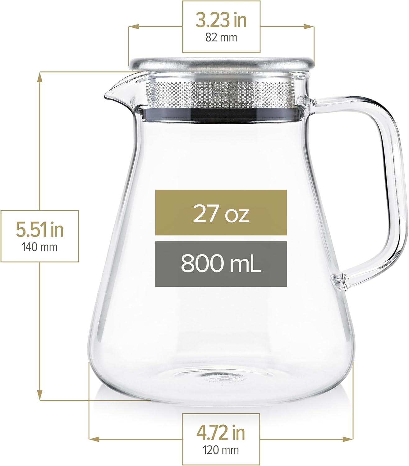 One Touch Tea Infuser, 2-in-1 Teapot and Pitcher with Stainless Steel Filter Lid for Loose Tea - Stain Resistant Borosilicate Glass Teapot (27 oz) - Tea Connoisseur's Choice